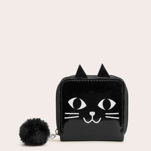 NEW Cat Print Zip Around Wallet w Pom Pom Charm